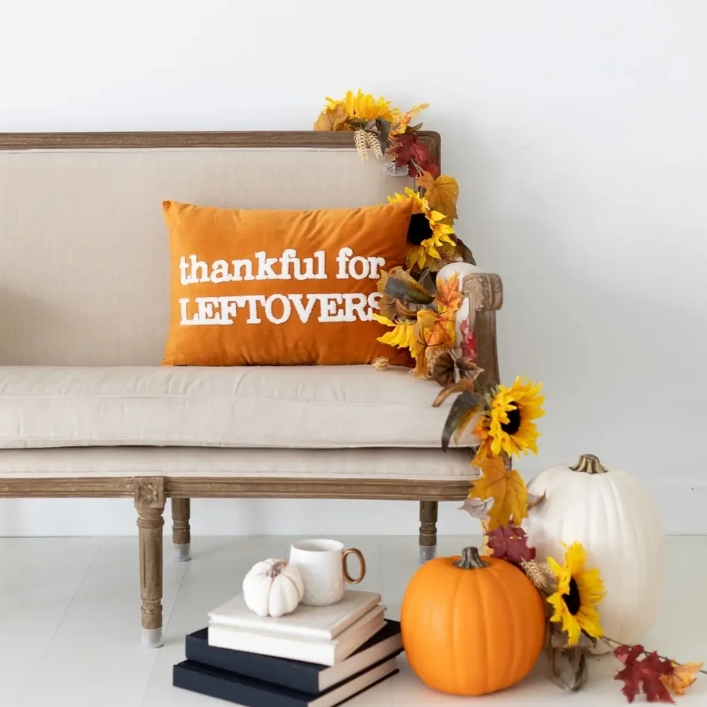 Pillow Orange Fall Thankful for Leftovers Accent‎ Decor NWT